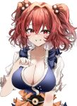  1girl absurdres breasts cleavage collarbone highres large_breasts looking_at_viewer onozuka_komachi ougiikun puffy_short_sleeves puffy_sleeves red_eyes red_hair short_sleeves smile solo tagme touhou two_side_up upper_body white_background 