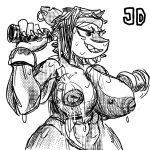 abs accessory anthro big_breasts bodily_fluids bottle breasts container cross-hatching dumbbell ear_piercing ear_ring exercise female fish hatching_(art) headband jimothy_dickerman manga_style marine monochrome muscular muscular_female nipples piercing pouring_on_breasts pouring_onto_self ring_piercing screentone shaded shark signature simple_background solo sweat sweatdrop water_bottle weightlifting weights workout wristband