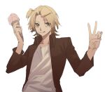 1boy animal_ears brown_eyes brown_jacket chinese_commentary commentary_request dog_boy dog_ears holding holding_ice_cream_cone ice_cream_cone jacket keko_(keko540925) kemonomimi_mode light_brown_hair long_hair long_sleeves male_focus open_clothes open_jacket parted_bangs saibou_shinkyoku shinano_eiji shirt short_hair simple_background sketch smile solo tongue tongue_out upper_body v very_long_hair white_background white_shirt 