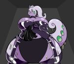  2018 anthro bdsm_gear bedroom_eyes big_breasts bodily_fluids breasts clothed clothing female goodra grey_background holding_object huge_breasts inside long_tail looking_at_viewer narrowed_eyes nintendo not_a_furfag pok&eacute;mon pok&eacute;mon_(species) purple_body purple_breasts purple_skin purple_tail seductive simple_background solo video_games 