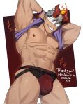  1boy abs bara bare_pectorals biceps blindfold bulge commission dated demon_horns fangs fire grey_hair grin highres horns jockstrap male_focus male_underwear muscular muscular_male nipples original pectorals purple_shirt red_background rio_mukiniki scar scar_on_cheek scar_on_face shirt skindentation smile sparkle two-tone_background underwear white_background 