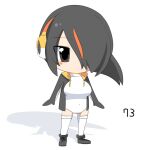  1girl black_eyes black_footwear black_hair black_jacket blush_stickers boots breasts chibi closed_mouth commentary_request covered_navel emperor_penguin_(kemono_friends) expressionless full_body hair_between_eyes hair_over_one_eye headphones jacket kemono_friends large_breasts lets0020 long_bangs looking_at_viewer multicolored_hair numbered one-piece_swimsuit orange_hair short_hair simple_background solo standing streaked_hair swimsuit thighhighs white_background white_one-piece_swimsuit white_thighhighs 