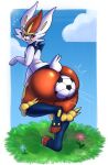  ambiguous_gender anthro ball big_butt black_body blush butt cinderace cloud embarrassed flower fur generation_8_pokemon grass hi_res looking_back nintendo object_in_ass plant pokemon pokemon_(species) red_body red_eyes soccer_ball solo v1sage white_body white_fur yellow_body yellow_fur 