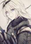  1boy blue_eyes chain closed_mouth coat commentary_request fur-trimmed_coat fur_trim hair_between_eyes highres long_hair looking_at_viewer male_focus malt_40 nier nier_(brother) nier_(series) simple_background smile solo upper_body white_background white_hair 