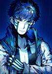  1boy black_hair blue_background blue_theme closed_mouth collarbone commentary demi-fiend expressionless full-body_tattoo highres hood hooded_jacket jacket looking_at_viewer male_focus open_clothes open_jacket rain sherytan shin_megami_tensei shin_megami_tensei_iii:_nocturne short_hair solo tattoo upper_body yellow_eyes 