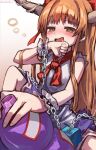  1girl :d alcohol aokihatoba_01 blush bow brown_eyes brown_hair chain commentary_request cuffs feet_out_of_frame frilled_cuffs gradient_background hair_bow hand_up highres holding_gourd horns ibuki_suika long_hair looking_at_viewer neckerchief oni open_mouth red_bow red_neckerchief sake shirt simple_background sleeveless sleeveless_shirt smile solo touhou twitter_username white_shirt wiping_mouth 