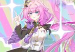  1girl blue_eyes breasts cleavage clothing_cutout detached_sleeves elysia_(honkai_impact) elysia_(miss_pink_elf)_(honkai_impact) hair_between_eyes hair_ornament honkai_(series) honkai_impact_3rd long_hair multicolored_background pink_hair pink_pupils pointing pointing_up shirt side_cutout smile solo touxiangshibenrenbiewenle very_long_hair white_shirt zoom_layer 