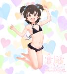  1girl :d absurdres akagi_miria arm_up bare_arms bare_legs bare_shoulders barefoot bikini black_bikini black_hair blue_bow blush bow brown_eyes collarbone commentary_request frilled_bikini frills full_body hair_between_eyes hair_bow hand_up heart heart_background highres idolmaster idolmaster_cinderella_girls kneeling looking_at_viewer mayafufu navel smile solo swimsuit two_side_up white_background 