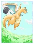  animal_focus bag blue_border blue_eyes blue_sky boku_(pixiv_32390460) border claws closed_mouth cloud commentary day dragon dragonite fisheye floating grass happy highres no_humans outdoors pokemon pokemon:_the_first_movie_-_mewtwo_strikes_back pokemon_(anime) pokemon_(classic_anime) pokemon_(creature) profile shoulder_bag sky smile solo white_border 