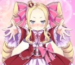  1girl :&lt; beatrice_(re:zero) blonde_hair blue_eyes blush bow capelet carry_me closed_mouth commentary_request crown dress drill_hair frilled_sleeves frills fur-trimmed_capelet fur_trim long_hair long_sleeves looking_at_viewer outstretched_arms pink_background pink_bow pink_pupils pink_ribbon re:zero_kara_hajimeru_isekai_seikatsu red_capelet red_dress ribbon s_(hdru2332) solo symbol-shaped_pupils twin_drills twintails 