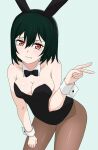  1girl animal_ears artistic_error bad_hands black_hairband black_leotard blush breasts brown_pantyhose cleavage closed_mouth collarbone detached_collar fake_animal_ears fang fang_out furrowed_brow green_hair hair_between_eyes hairband highres leaning_forward leotard looking_at_viewer love_live! love_live!_nijigasaki_high_school_idol_club medium_breasts mifune_shioriko pantyhose poizun_(user_wmgk4287) rabbit_ears red_eyes short_hair solo standing strapless strapless_leotard tearing_up upper_body v wavy_mouth white_background wrist_cuffs 