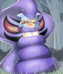  1girl arbok azur_lane bell blue_hair blush breasts commentary_request constriction covered_nipples fang forest forked_tongue fubuki_(azur_lane) full_body grass hair_bell hair_ornament highres imminent_death jingle_bell lets0020 medium_bangs medium_breasts nature one_eye_closed open_mouth pokemon pokemon_(creature) shirt short_hair sideboob sleeveless sleeveless_shirt snake tongue tree white_shirt yellow_eyes 