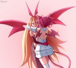  2girls absurdres arms_around_neck arms_around_waist artist_name backless_dress backless_outfit blonde_hair breasts demon_girl demon_tail demon_wings detached_sleeves disgaea disgaea_rpg dress elbow_gloves english_commentary etna_(disgaea) flonne gloves hair_between_eyes hairband highres hiyumi_x hug long_hair makai_senki_disgaea multiple_girls open_mouth pink_background red_eyes red_hair shiny_clothes shiny_skin short_twintails sidelighting small_breasts standing tail thighhighs twintails very_long_hair white_thighhighs wings yuri 