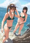  2girls bare_arms bare_legs bare_shoulders bikini black_hair blush breasts brown_eyes brown_hair chikuma_(kancolle) cleavage closed_mouth collarbone commission dated day goggles goggles_on_head green_bikini hair_between_eyes kantai_collection large_breasts long_hair looking_at_viewer medium_breasts multiple_girls navel ocean open_mouth outdoors shore skeb_commission smile swimsuit tantaka tone_(kancolle) twintails twitter_username wading water 
