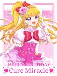  1girl asahina_mirai blonde_hair bow character_name cure_miracle dated dress earrings gloves hair_bow happy_birthday hat jewelry long_hair looking_at_viewer magical_girl mahou_girls_precure! mini_hat mini_witch_hat open_mouth pink_hat precure puffy_short_sleeves puffy_sleeves purple_eyes short_sleeves side_ponytail smile solo tanshi_tanshi twitter_username upper_body white_gloves witch_hat 