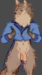  2024 9:16 anthro athletic balls blue_clothing blue_jacket blue_topwear bottomless brown_body brown_fur canid canine canis cheek_tuft circumcised clothed clothing facial_tuft flaccid fur genitals gloves_(marking) hair hi_res humanoid_genitalia humanoid_penis jacket leg_tuft long_hair male mammal markings neck_tuft open_palm orange_eyes paldrum partially_clothed penis portrait simple_background solo standing thigh_tuft three-quarter_portrait topwear tuft wolf 