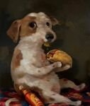  alison_friend ambiguous_gender canid canine canis caught_off_guard domestic_dog feral food hot_sauce looking_at_viewer mammal messy_eater oil oil_painting_(artwork) sitting solo taco 