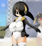  2girls a-pose black_eyes black_hair black_jacket blonde_hair breasts commentary_request cowboy_shot emperor_penguin_(kemono_friends) hair_between_eyes hair_over_one_eye headphones highres jacket kemono_friends large_breasts lets0020 long_bangs looking_at_viewer multicolored_hair multiple_girls numbered one-piece_swimsuit open_clothes open_jacket open_mouth orange_hair painterly red_hair rockhopper_penguin_(kemono_friends) short_hair smile solo_focus stage streaked_hair swimsuit thighhighs white_one-piece_swimsuit white_thighhighs 