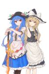  2girls absurdres apron black_hat bow bowtie braid closed_mouth hands_on_hilt hat hat_bow highres hinanawi_tenshi kashiwada_kiiho kirisame_marisa leaf_hat_ornament long_hair looking_at_viewer multiple_girls peach_hat_ornament red_bow red_bowtie red_eyes short_sleeves side_braid simple_background single_braid smile sword_of_hisou touhou waist_apron white_apron white_background white_bow yellow_eyes 