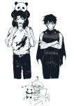  1girl 1other 2boys blurrymoss burn_scar highres inumaki_toge jujutsu_kaisen missing_limb monochrome multiple_boys okkotsu_yuuta panda panda_(jujutsu_kaisen) scar sleeveless spoilers white_background zen&#039;in_maki 