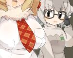  2girls black-framed_eyewear black_gloves blonde_hair blush breast_envy breasts brown_eyes commentary_request glasses gloves grey_background grey_eyes grey_sweater kemono_friends large_breasts lets0020 lion_(kemono_friends) looking_at_breasts looking_to_the_side meerkat_(kemono_friends) multiple_girls necktie open_mouth plaid_necktie red_necktie shirt short_bangs short_hair simple_background small_breasts sweater upper_body v-shaped_eyebrows white_shirt 