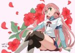  1girl akashi_(kancolle) artist_name blue_sailor_collar blue_skirt blunt_tresses boots breasts brown_thighhighs commentary_request crossed_legs dated feet_out_of_frame flower green_eyes hair_ribbon hamukiyo hip_vent kantai_collection layered_sleeves long_hair long_sleeves medium_breasts pink_hair pleated_skirt ribbon sailor_collar school_uniform serafuku shirt short_over_long_sleeves short_sleeves simple_background skirt solo thigh_boots thighhighs tress_ribbon white_background white_shirt 