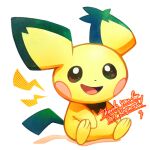  :d commentary_request commission full_body happy lightning_bolt_symbol looking_at_viewer mei_ford no_humans open_mouth pichu pixiv_commission pokemon pokemon_(creature) sitting smile solo thank_you tongue white_background 