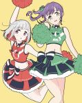  2girls :d :o arm_up bob_cut bow bowtie breasts cheerleader colored_inner_hair commentary_request cropped_shirt diagonal_bangs feet_out_of_frame green_bow green_bowtie green_eyes green_pom_poms green_ribbon green_shirt green_skirt grey_hair h.s.c.t._(love_live!) hair_ribbon highres holding holding_pom_poms jumping layered_skirt light_blush link!_like!_love_live! llkapital long_hair looking_at_viewer love_live! medium_breasts midriff miniskirt multicolored_hair multiple_girls open_mouth otomune_kozue pleated_skirt pom_pom_(cheerleading) purple_hair red_bow red_bowtie red_eyes red_hair red_pom_poms red_shirt red_skirt ribbon shirt short_hair side_ponytail sidelocks skirt sleeveless sleeveless_shirt small_breasts smile virtual_youtuber yellow_background yugiri_tsuzuri 