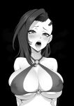  1girl artist_name asymmetrical_hair bikini blush brassica breasts collarbone covered_nipples criss-cross_halter eyelashes greyscale halterneck large_breasts long_hair monochrome o-ring o-ring_bikini open_mouth original sidecut solo swimsuit tongue tongue_out undercut upper_body 