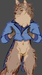  2024 9:16 anthro athletic blue_clothing blue_jacket blue_topwear bottomless brown_body brown_fur butt butt_from_the_front canid canine canis cheek_tuft clothed clothing facial_tuft featureless_crotch fur gloves_(marking) hair hi_res jacket leg_tuft long_hair male mammal markings neck_tuft open_palm orange_eyes paldrum partially_clothed portrait simple_background solo standing thigh_tuft three-quarter_portrait topwear tuft wolf 