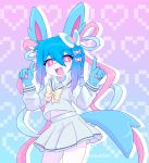  2024 5_fingers accessory anthro anthrofied asian_clothing biped blue_body blue_ears blue_fur blue_hair blue_ribbon blue_tail blush bottomwear bow_(feature) bow_ribbon bow_tie clothed clothing colored cute_fangs ear_bow east_asian_clothing eeveelution epitome_(giyuyuchan) eye_bags eyelashes fangs female female_anthro fingers front_view fully_clothed fur generation_6_pokemon gesture giyuyuchan hair hair_accessory hair_bow hair_ribbon hand_gesture heart_background heart_bow heart_catchlight heart_symbol hi_res humanoid_hands japanese_clothing japanese_school_uniform kemono looking_at_viewer mammal monotone_hair monotone_tail multicolored_body multicolored_fur navel nintendo open_mouth open_smile pattern_background pawpads pink_background pink_bow pink_eyes pink_inner_ear pink_pawpads pink_ribbon pink_tongue pointing pointing_up pokemon pokemon_(species) pokemorph portrait pupils ribbons school_uniform serafuku shaded shiny_pokemon shirt simple_background skirt smile solo standing sylveon tail teeth three-quarter_portrait tongue topwear two_tone_body two_tone_fur uniform white_body white_bottomwear white_clothing white_fur white_pupils white_shirt white_skirt white_topwear 