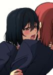  2girls black_hair black_jacket blush fang furrowed_brow highres imminent_bite jacket long_sleeves love_live! love_live!_nijigasaki_high_school_idol_club mifune_shioriko multiple_girls nijigasaki_school_uniform open_mouth poizun_(user_wmgk4287) red_eyes red_hair school_uniform short_hair uehara_ayumu upper_body white_background winter_uniform yuri 