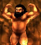  1boy armpits bara beard belly brown_hair completely_nude double_biceps_pose dungeon_meshi dwarf facial_hair feet_out_of_frame flaccid flexing full_beard hairy highres long_beard looking_to_the_side male_focus male_pubic_hair mature_male milkentiddies mustache navel navel_hair nipples nude penis pubic_hair sauna senshi_(dungeon_meshi) solo standing steaming_body stomach sweat thick_arm_hair thick_beard thick_chest_hair thick_eyebrows thick_leg_hair thick_mustache thick_navel_hair uncensored very_hairy 