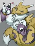  &lt;3 absurd_res anthro areola bandai_namco big_breasts black_sclera blush breast_grab breasts canid canine digimon digimon_(species) female fur hand_on_breast hi_res hogehogechiki looking_at_viewer mammal nipples nude renamon smile solo white_body white_fur yellow_body yellow_fur 