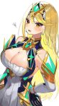  1girl absurdres armor blonde_hair blush breasts cleavage detached_sleeves diamond_earrings earrings hands_on_own_hips highres jewelry large_breasts long_hair mythra_(xenoblade) open_mouth simple_background solo squiggle sweat tiara white_background xenoblade_chronicles_(series) xenoblade_chronicles_2 yasaikakiage yellow_eyes 