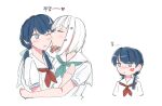  2girls aqua_neckerchief blue_eyes blue_hair blue_ribbon blush bob_cut cheongseo closed_eyes colored_inner_hair commentary cropped_torso dark_blue_hair diagonal_bangs dress hair_ornament hair_ribbon hasu_no_sora_school_uniform highres inverted_bob jitome kiss kissing_cheek korean_text light_frown link!_like!_love_live! lipstick_mark lipstick_mark_on_face long_hair love_live! low_twintails mole mole_on_neck multicolored_hair multiple_girls multiple_views murano_sayaka neckerchief nose_blush red_hair red_neckerchief ribbon sailor_collar sailor_dress school_uniform short_hair short_sleeves simple_background star_(symbol) star_hair_ornament streaked_hair summer_uniform symbol-only_commentary translation_request twintails virtual_youtuber white_background white_dress white_hair white_sailor_collar yugiri_tsuzuri yuri 