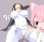  2girls :3 animal_ears black_hair black_jacket blush breasts cameltoe cat_ears cat_girl commentary_request covered_navel covered_nipples emperor_penguin_(kemono_friends) feet_out_of_frame grey_background head_back headphones highres jacket kemono_friends large_breasts lets0020 medium_bangs multicolored_hair multiple_girls numbered one-piece_swimsuit open_clothes open_jacket open_mouth orange_hair peach_panther_(kemono_friends) pink_hair short_hair sitting smile streaked_hair swimsuit thighhighs tongue tongue_out white_one-piece_swimsuit white_thighhighs yellow_eyes 