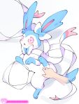  2023 ambiguous_gender big_ears bird&#039;s-eye_view blue_body blue_ears blue_fur blue_tail blush bow_(feature) colored disembodied_hand duo ear_bow eeveelution featureless_crotch feral feral_focus front_view full-length_portrait fur generation_6_pokemon glistening glistening_eyes heart_symbol hi_res high-angle_view human kemono leg_markings long_ears looking_at_viewer lying mammal markings meter monotone_tail multicolored_body multicolored_fur nintendo number on_back open_mouth pink_eyes pink_inner_ear pink_pupils pleasure_meter pokemon pokemon_(species) portrait pupils quadruped reaching ribbons shaded shiny_pokemon simple_background socks_(marking) solo_focus sylveon tail two_tone_body two_tone_fur white_background white_body white_fur yuui 