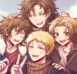  4boys atou_haruki black_jacket blonde_hair blue_jacket braid brown_eyes brown_jacket brown_sweater chinese_commentary chromatic_aberration closed_eyes commentary_request fur-trimmed_jacket fur_trim hair_between_eyes hand_on_another&#039;s_head hand_on_another&#039;s_shoulder harada_minoru isoi_reiji jacket light_brown_hair long_sleeves male_focus multiple_boys open_clothes open_jacket open_mouth parted_bangs red_eyes red_shirt ribbed_sweater saibou_shinkyoku sanpaku scar scar_on_face scar_on_forehead shinano_eiji shirt short_hair side_braid single_braid smile sweat sweater turtleneck turtleneck_sweater upper_body v white_shirt yiyan 