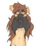  anthro apogee_(tinygaypirate) bottomless breasts brown_body brown_eyes brown_fur brown_hair canid canine canis clothed clothing covering covering_face cowlick domestic_dog ear_piercing eyebrow_through_hair eyebrows facial_markings facial_piercing female floppy_ears fur furgonomics furry-specific_piercing grey_background hair head_markings hi_res hip_tuft inner_ear_fluff long_hair looking_at_viewer mammal markings messy_hair muzzle_piercing navel no_underwear nose_piercing obscured_face piercing portrait raised_arms simple_background slim solo spitz three-quarter_portrait tinygaypirate topwear translucent translucent_hair tuft under_boob 