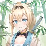  1girl aqua_eyes bamboo bamboo_forest blonde_hair chest_sarashi forest haori highres hololive japanese_clothes katana kazama_iroha leaf marimo_(marimo2468) nature portrait sarashi smile sword virtual_youtuber weapon weapon_on_back 