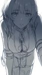  1girl absurdres breasts cleavage commentary dress english_commentary female_rover_(wuthering_waves) greyscale hews highres leaning_forward looking_at_viewer monochrome rover_(wuthering_waves) see-through see-through_dress sketch solo sweat thigh_gap thighhighs unfinished upper_body wuthering_waves 