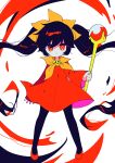  1girl absurdres ashley_(warioware) black_hair black_pantyhose blush closed_mouth dress full_body hairband highres holding holding_staff light_frown long_hair long_sleeves looking_at_viewer offbeat pantyhose red_dress red_eyes red_footwear solo staff twintails very_long_hair warioware yellow_hairband 