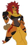  anthro arm_wraps bra breasts claws clothing female front_view generation_5_pokemon hair hands_on_hips hi_res legwear neckwear nintendo non-mammal_breasts open_mouth orange_body orange_scales pokemon pokemon_(species) red_hair scales scrafty simple_background small_waist solo tail tail_wraps tattoorexy thigh_highs underwear wraps 