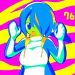  1girl :d blue_eyes blue_hair blue_jacket breasts colored_skin commentary_request emperor_penguin_(kemono_friends) green_skin hair_between_eyes hair_over_one_eye hands_up headphones highres jacket kemono_friends large_breasts lets0020 long_bangs looking_at_viewer multicolored_hair neon_palette numbered one-piece_swimsuit open_clothes open_jacket open_mouth orange_hair pink_background short_hair smile solo streaked_hair swimsuit upper_body white_one-piece_swimsuit yellow_background 