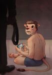  anthro belt black_hair cellphone clothed clothing crossed_legs electronics felid gaming hair hi_res holding_object holding_phone lion male mammal open_mouth pantherine pawpads phone playing_video_game rear_view rozgi scared side_view sitting standing topless worried 
