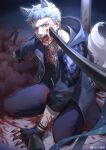  1boy animal_ears blood blood_from_mouth blood_on_clothes blood_on_face blood_on_hands blue_eyes claws devil_may_cry_(series) devil_may_cry_5 fangs fingerless_gloves gloves highres holding hood looking_at_viewer male_focus nero_(devil_may_cry) open_mouth solo sword weapon weibo_3893749281 werewolf white_hair wolf_boy wolf_ears 