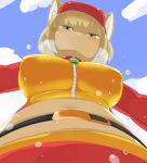  1girl animal_ear_fluff animal_ears belt black_belt blue_sky blush breasts closed_mouth cloud cowboy_shot crop_top expressionless fox_ears fox_girl from_below half-closed_eyes hat kemono_friends large_breasts lets0020 looking_at_viewer looking_down medium_bangs navel red_hat red_skirt shaded_face shirt short_hair skirt sky solo tibetan_fox_(kemono_friends) yellow_eyes yellow_shirt zipper 