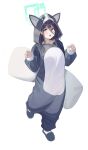  1girl absurdres animal_costume aris_(blue_archive) black_footwear black_hair blue_archive blue_eyes blush full_body green_halo halo highres hood hood_up kind1516 long_hair long_sleeves open_mouth simple_background slippers solo white_background 