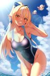  1girl absurdres bird black_one-piece_swimsuit blonde_hair blue_sky bow breasts cleavage cloud competition_swimsuit creature curio_(curiofinity) dark-skinned_female dark_skin day elf elfriend_(shiranui_flare) grin hair_bow highres hololive long_hair medium_breasts multicolored_hair one-piece_swimsuit orange_eyes outdoors owl pointy_ears ponytail shiranui_flare sky smile streaked_hair swimsuit thigh_gap two-tone_swimsuit virtual_youtuber wading water white_hair 